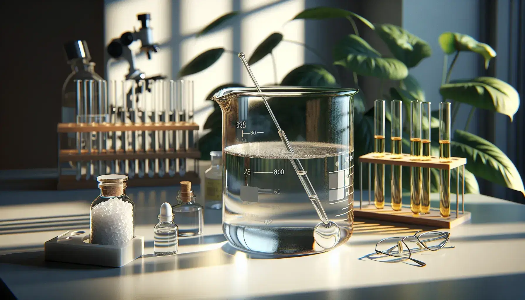 Glass beaker with colorless liquid and stirring rod, viale with white crystalline solid, test tubes with yellow liquids on laboratory bench.