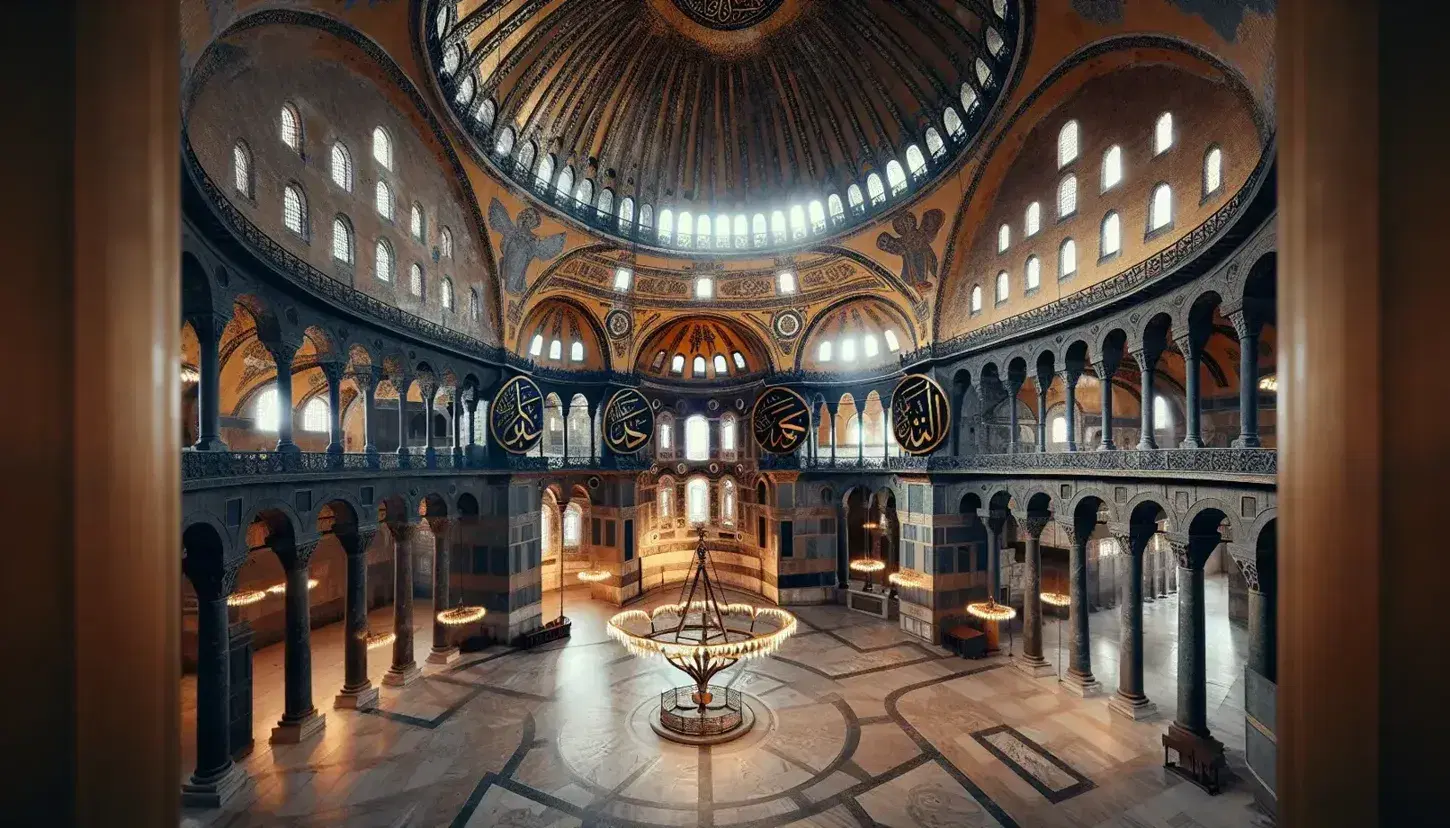 Interior de la Hagia Sophia con cúpula central, medias cúpulas, columnas de mármol, mosaicos dorados y candelabro circular.