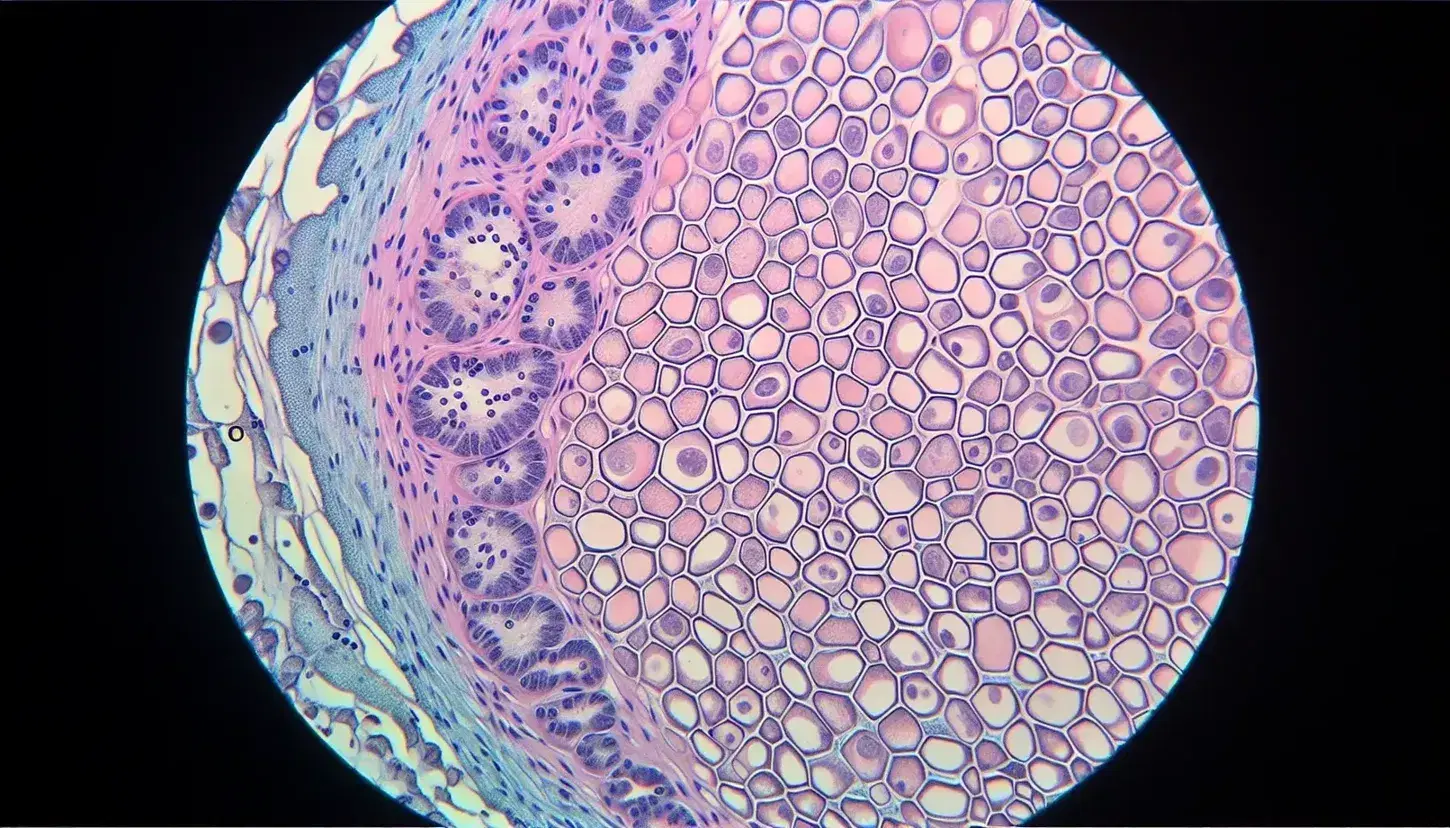 Vista microscópica de tejido epitelial con células poligonales y núcleos oscuros, rodeadas de microvellosidades y teñidas en tonos rosas y púrpuras.