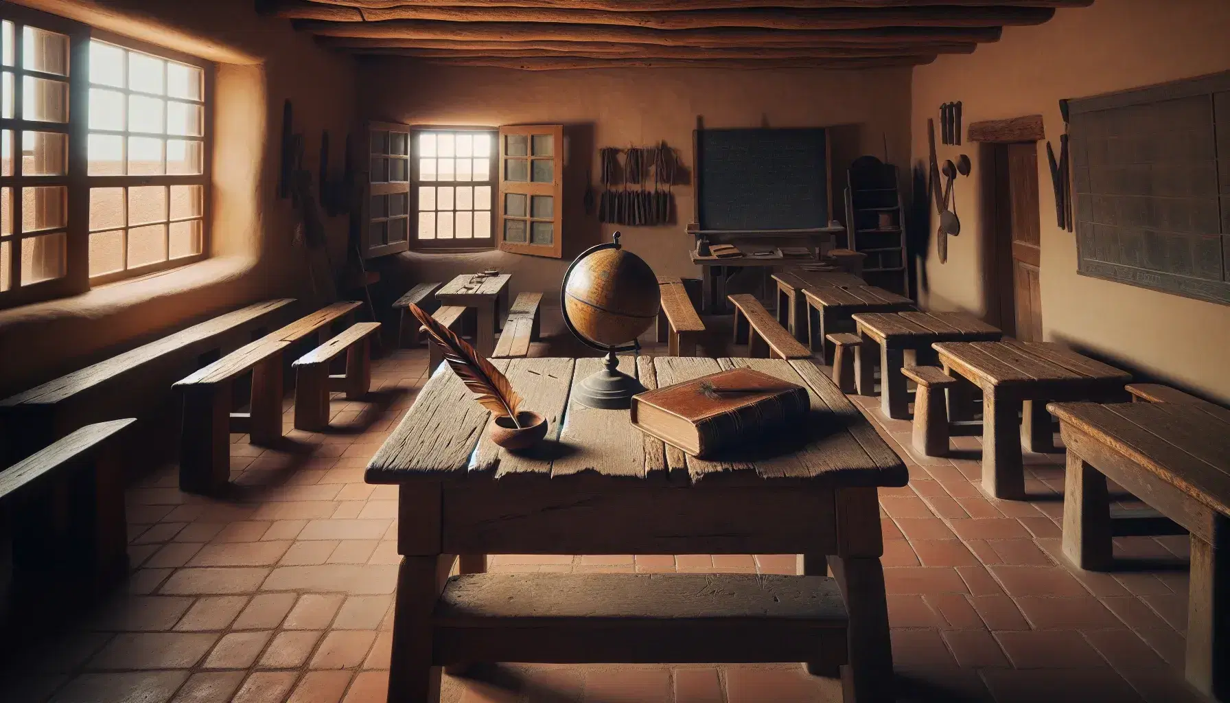 Aula antigua con paredes de adobe y vigas de madera, mesa central rodeada de bancos, libros, pluma y globo terráqueo desgastado, luz natural filtrándose por ventana de madera.