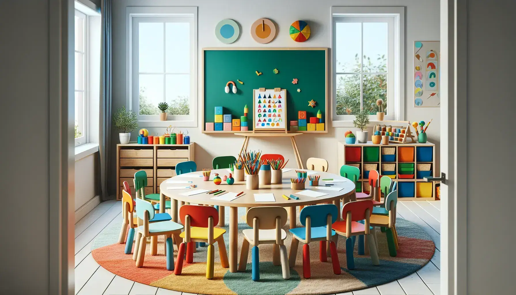 Aula scolastica colorata con tavolo rotondo, sedie multicolori, libri, giochi educativi e bambini che giocano su tappeto geometrico.