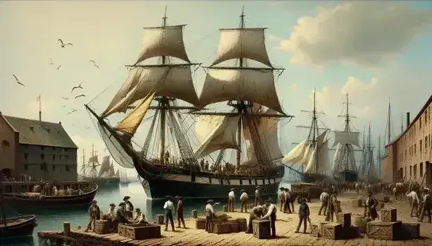 Schooner a due alberi ormeggiato in porto con uomini al lavoro, bambino in primo piano e sfondo di navi e magazzini.