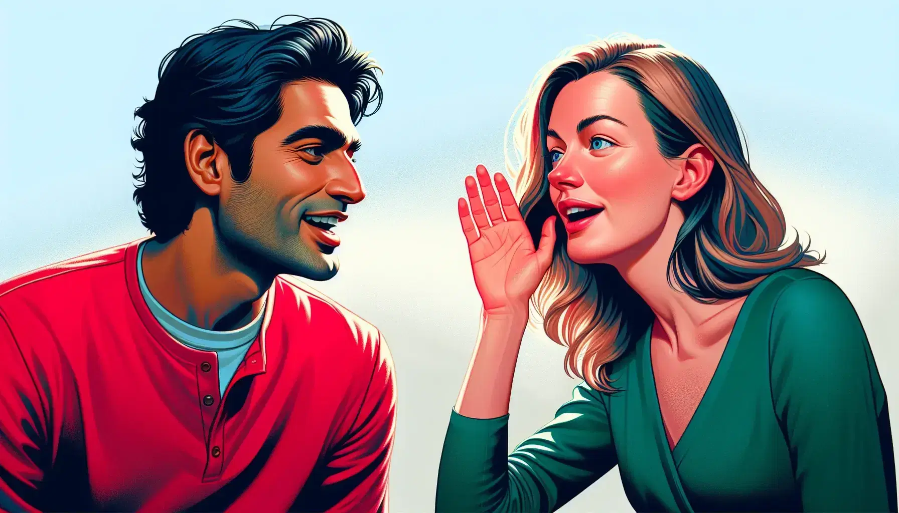 Two people in conversation, South Asian man in red shirt speaking animatedly to attentive Caucasian woman in green top, with a blurred background.