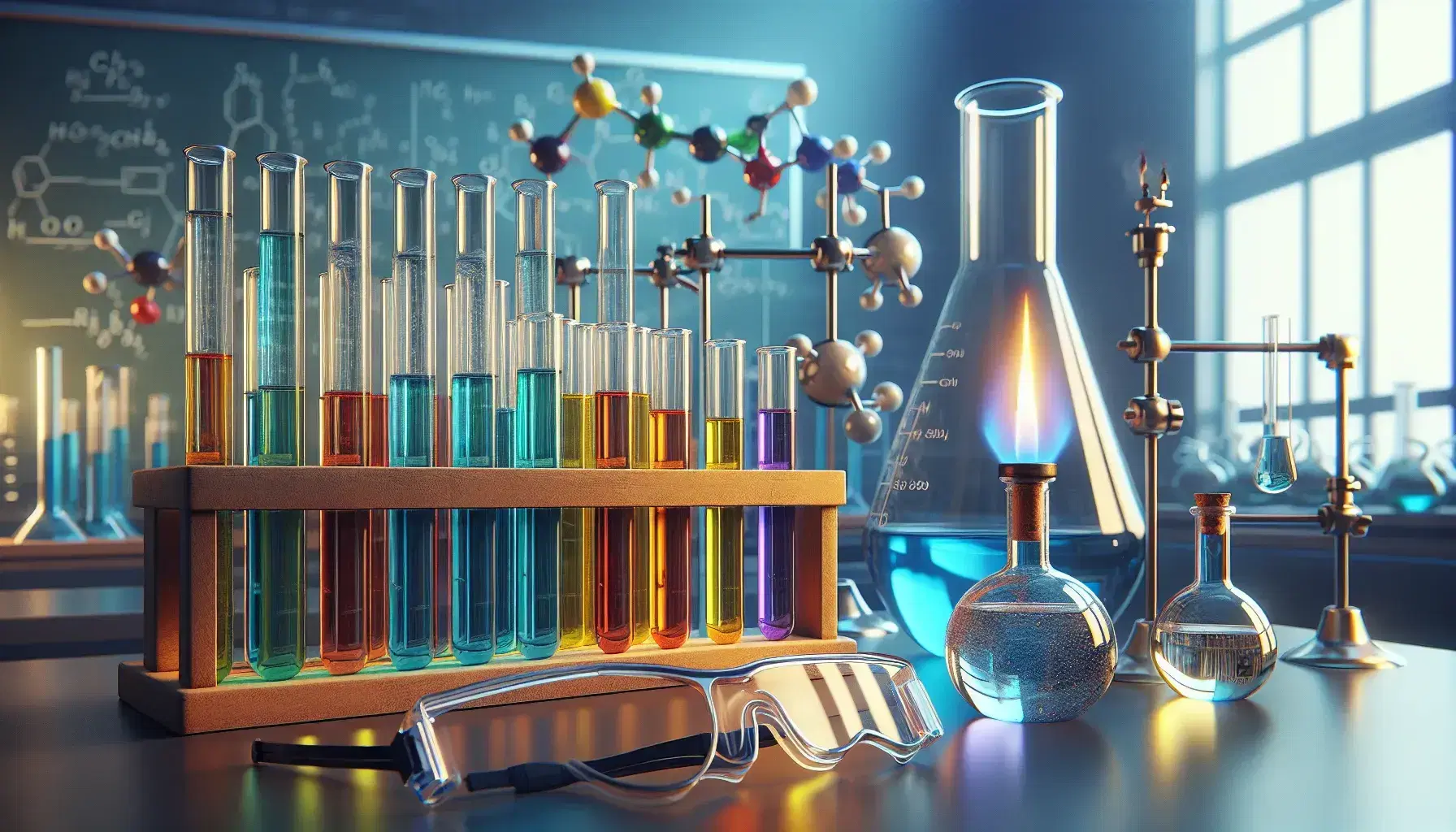 Laboratory with test tubes containing colored liquids on a wooden stand, safety glasses in the foreground and blue flame of a Bunsen burner.