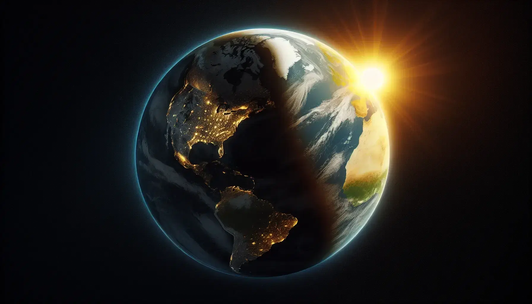 Globo terrestre parzialmente illuminato dal sole con linee di terminatore visibili, città illuminate sul lato notturno, su sfondo spaziale nero.