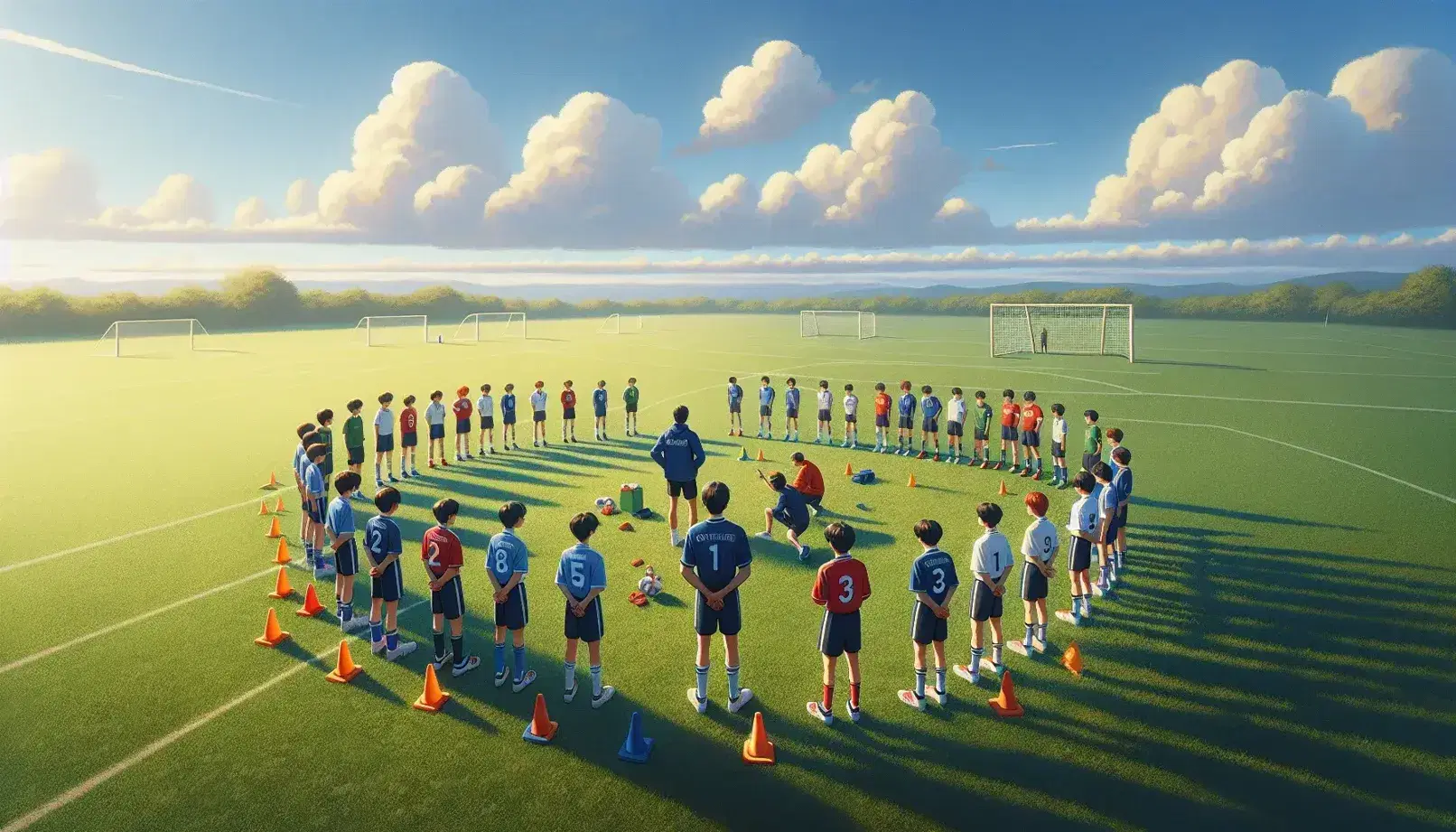 Campo de fútbol con césped verde y cielo azul donde un entrenador con silbato instruye a estudiantes en uniformes deportivos alrededor de conos de entrenamiento.
