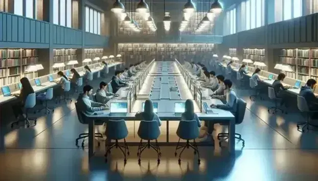 Tavolo rettangolare con laptop e studenti concentrati in biblioteca moderna, sedie ergonomiche, scaffali pieni di libri e pianta verde.
