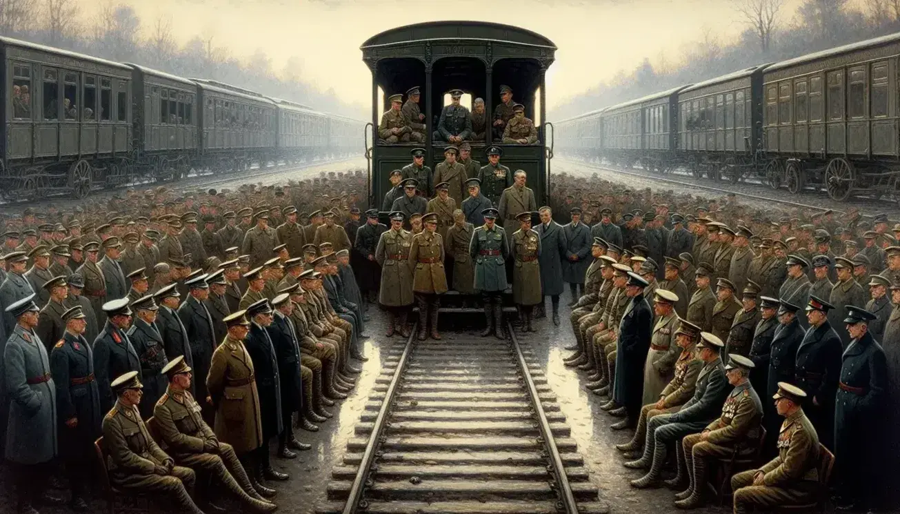 Railway carriage at the Armistice of 11 November 1918 signing, with military officials from Allied and Central Powers standing solemnly in uniform.