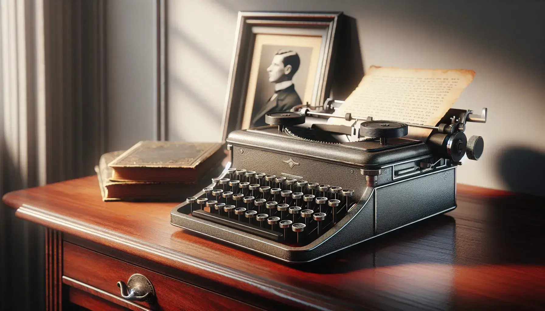 Vintage typewriter with round black keys on a polished mahogany desk, beside an open aged book and a silver-framed black and white profile photo.