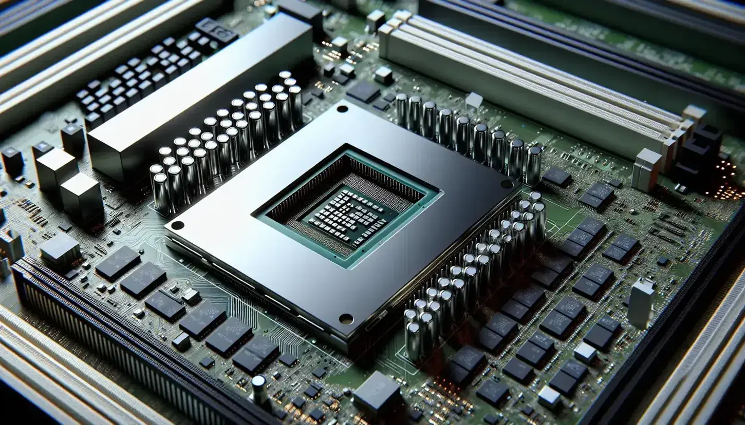 Close-up of a computer motherboard with a silver central CPU, empty memory slots, metallic capacitors and etched circuitry.