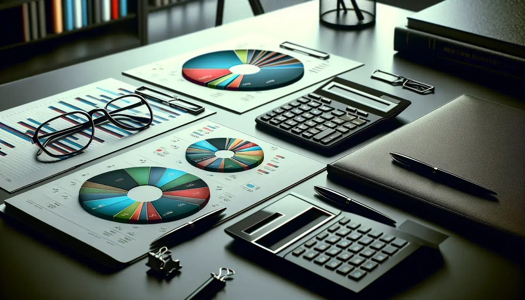 Gráficos circulares y de barras coloridos sobre un escritorio con calculadora, gafas y cuaderno en un entorno de oficina profesional.