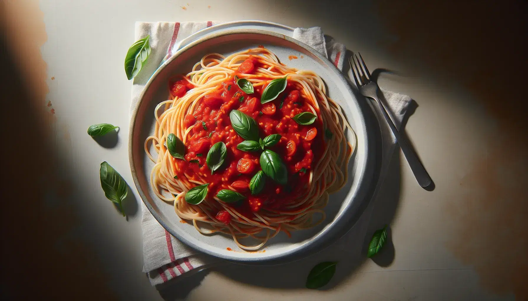 Piatto di spaghetti al pomodoro con foglie di basilico fresco su tovagliolo a quadretti rosso e bianco, forchetta d'argento parzialmente visibile.