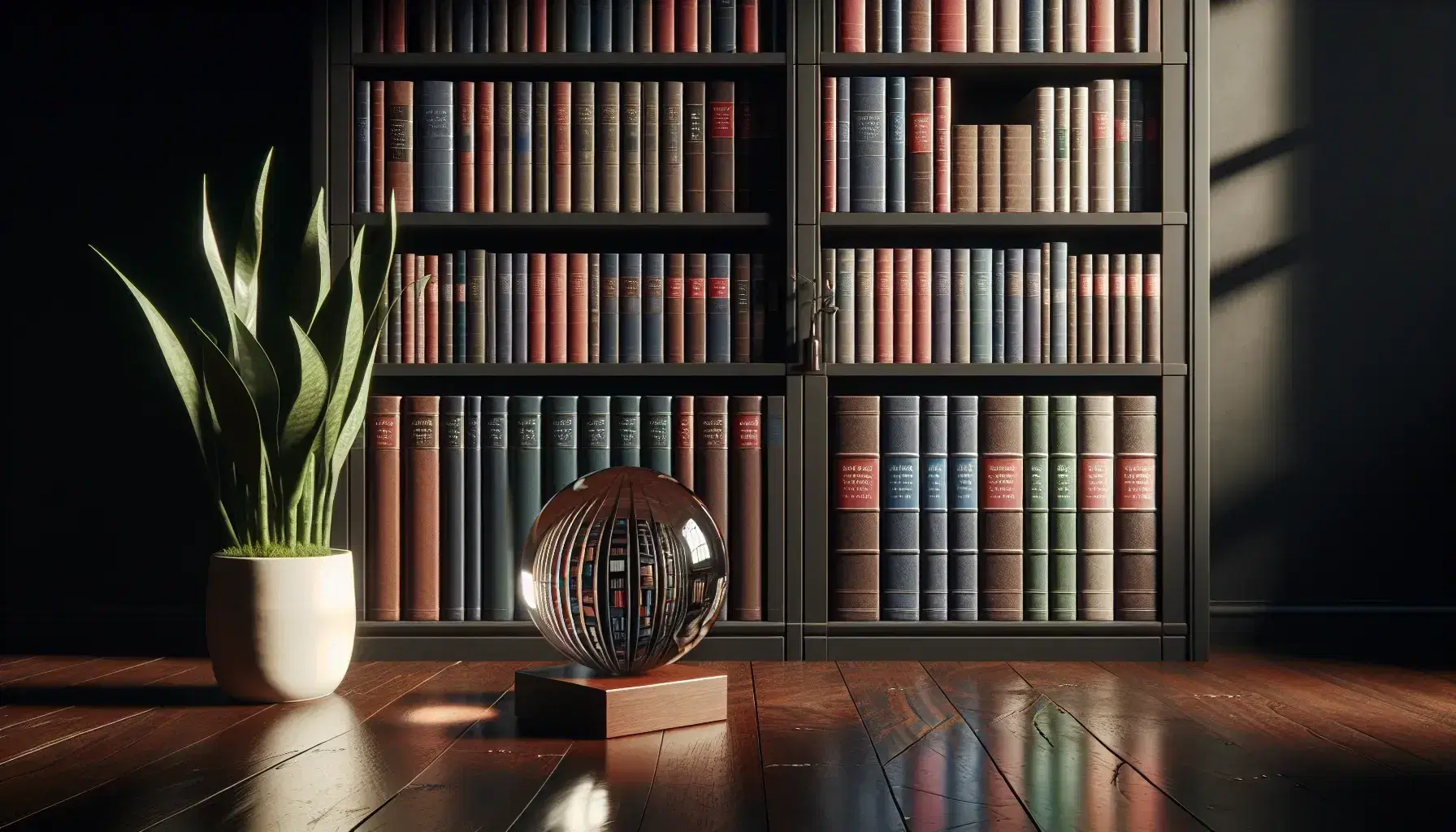 Estantería de madera oscura repleta de libros de diversos tamaños y colores con esfera de vidrio reflejante y planta verde en maceta blanca.