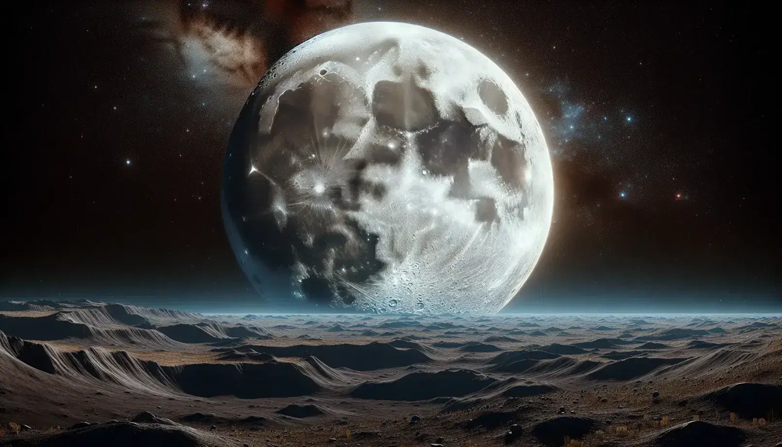 Vista notturna dettagliata della Luna piena con crateri e mares visibili, terreno roccioso in silhouette e cielo stellato.