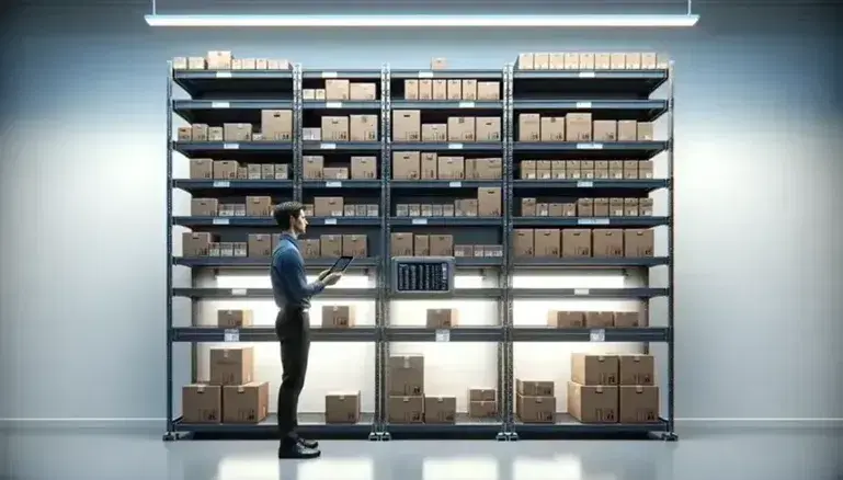 Empleado de almacén organizando cajas de cartón en estantería metálica, utilizando una tablet para gestionar el inventario, en un entorno interior iluminado artificialmente.