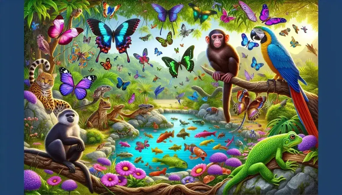 Mariposas multicolores en flores, pez naranja en estanque, mono en rama, ave azul y verde, reptil en rocas y rana verde en nenúfar bajo luz solar en ecosistema natural.