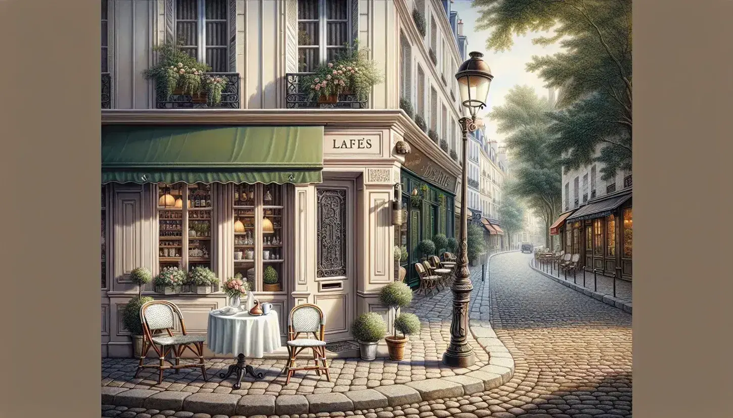 Quaint Parisian street with cobblestones, a bistro table with flowers, a classic café with a green awning, and a traditional lamppost.