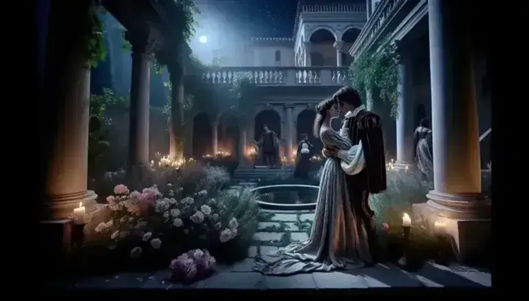 Due giovani attori in costume rinascimentale si abbracciano in un giardino serale, con sfondo di palazzo e illuminazione soffusa.