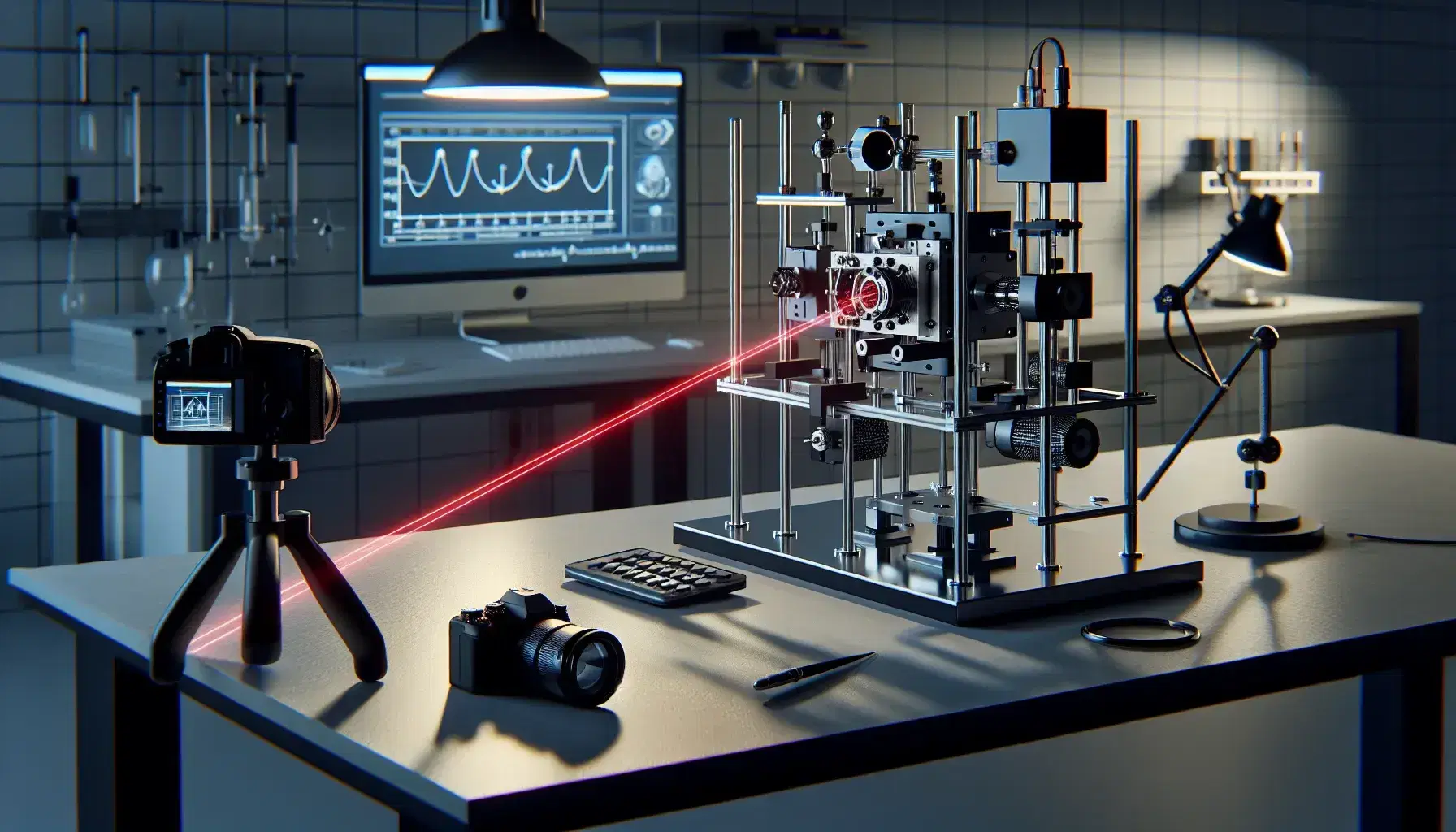 Laboratorio de física moderno con experimento de óptica cuántica, láser diodo rojo, espejos, lentes y patrón de difracción en pantalla, junto a cámara y laptop con gráficos.
