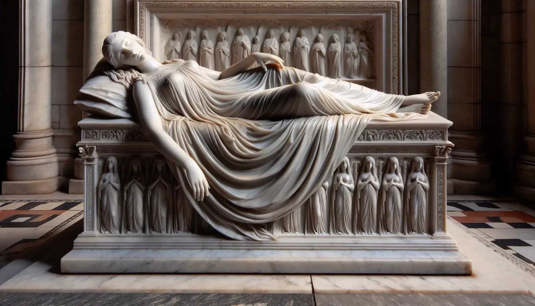 Scultura in marmo bianco di figura femminile distesa su sarcofago ornato, con dettagli di pieghe morbide e capelli raccolti, in ambiente interno sfocato.