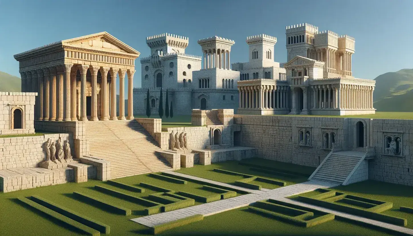 Landscape with ancient Roman-style columns, medieval stone fortress, and neoclassical capitol building on a green lawn under a clear blue sky.