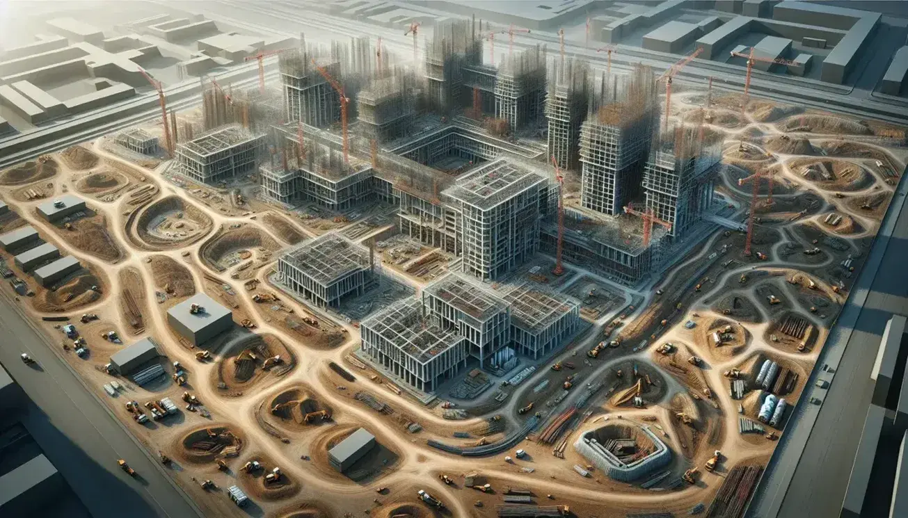 Vista aérea de construcción urbana con grúas, edificios en proceso y maquinaria pesada en un día soleado y cielo despejado.