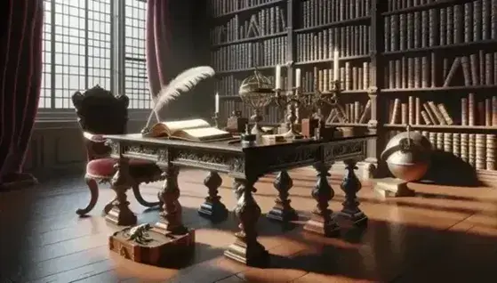Escena de estudio clásico con mesa de madera oscura, tintero de bronce, pluma, libro abierto, silla tapizada, estantería con libros y candelabro.