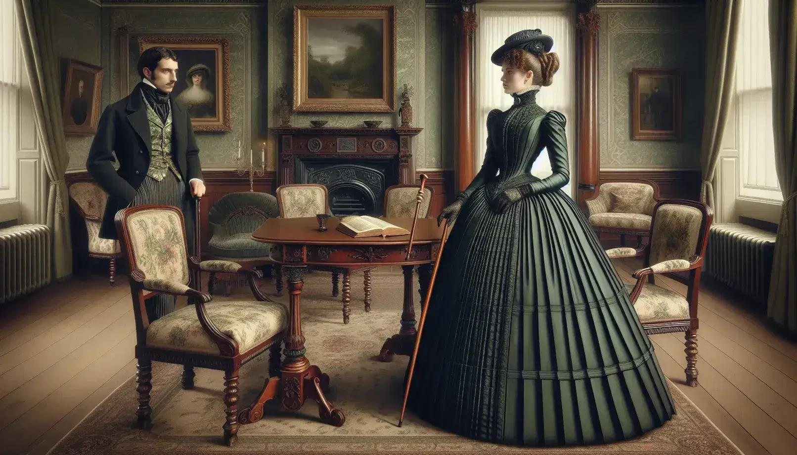 Victorian drawing room with a woman in a green crinoline dress and a man in a black tailcoat, surrounded by antique furniture and framed paintings.