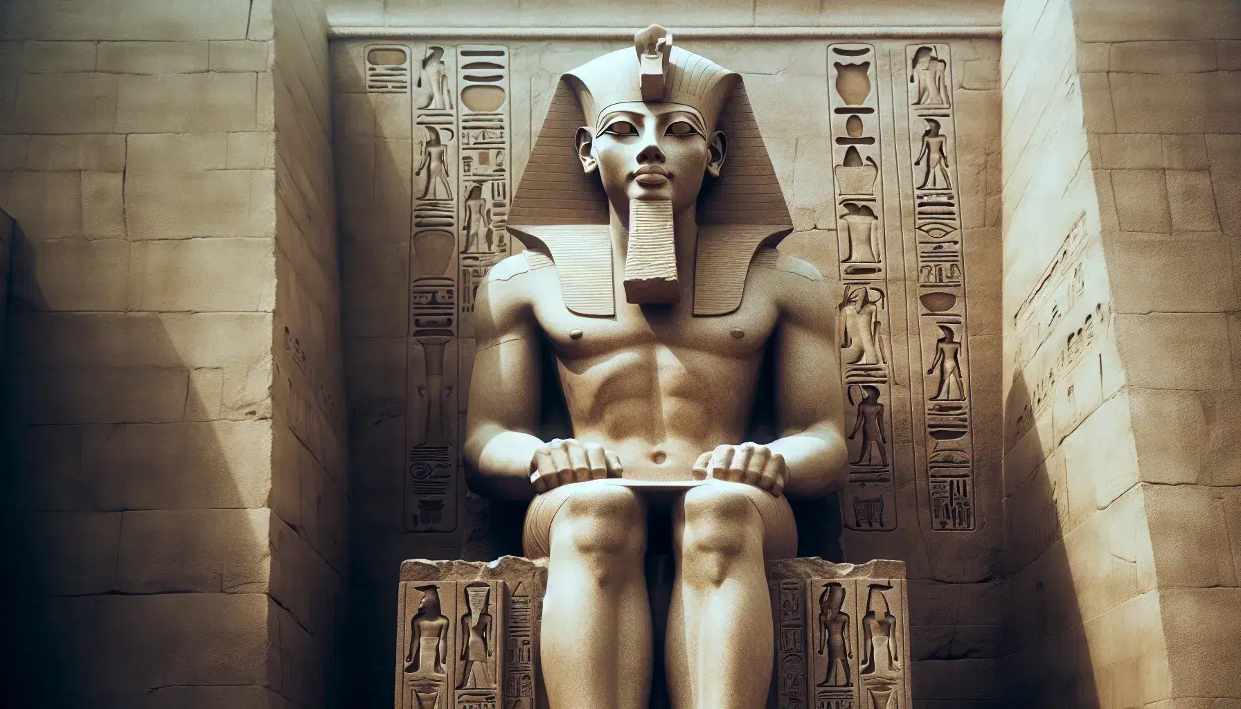 Statua colossale in calcare di Ramses II seduto su trono con nemes, barba cerimoniale e kilt piegato, in ambiente sfocato illuminato dall'alto.
