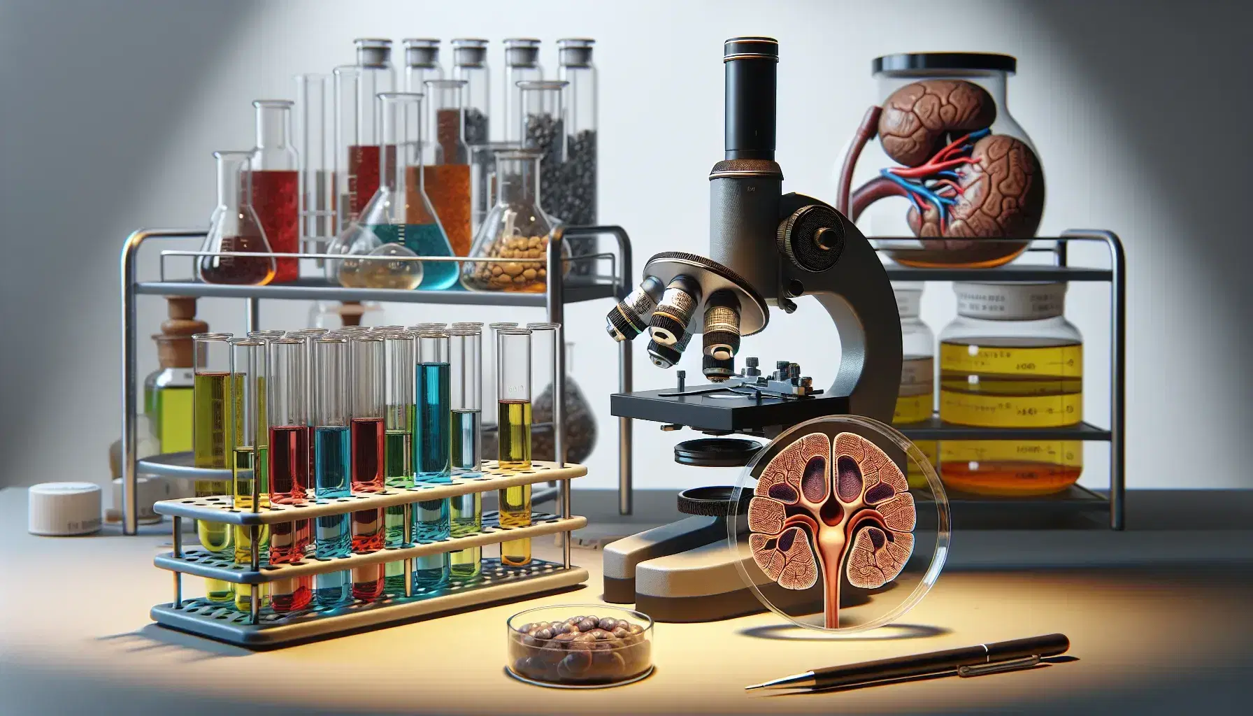 Mesa de laboratorio con microscopio, tubos de ensayo con líquidos de colores, modelo anatómico de glándula adrenal y plato de Petri, en un entorno de investigación científica.