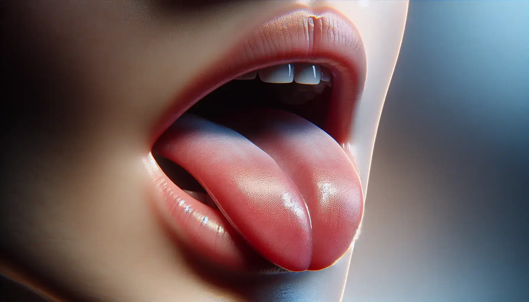 Close-up profile view of a human mouth with lips slightly parted and tongue raised, set against a blurred blue background, highlighting the articulation process.