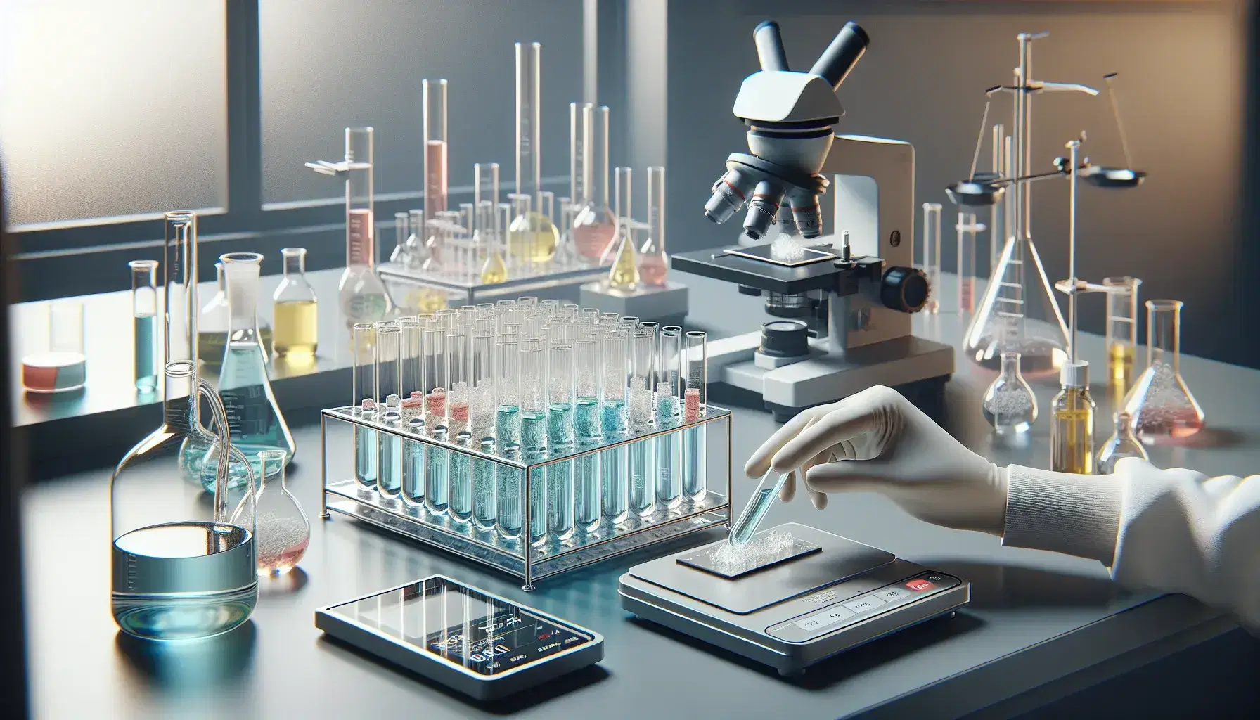Gloved hands hold a test tube with blue liquid in laboratory, with digital scale, microscope and petri dishes on sterile table.
