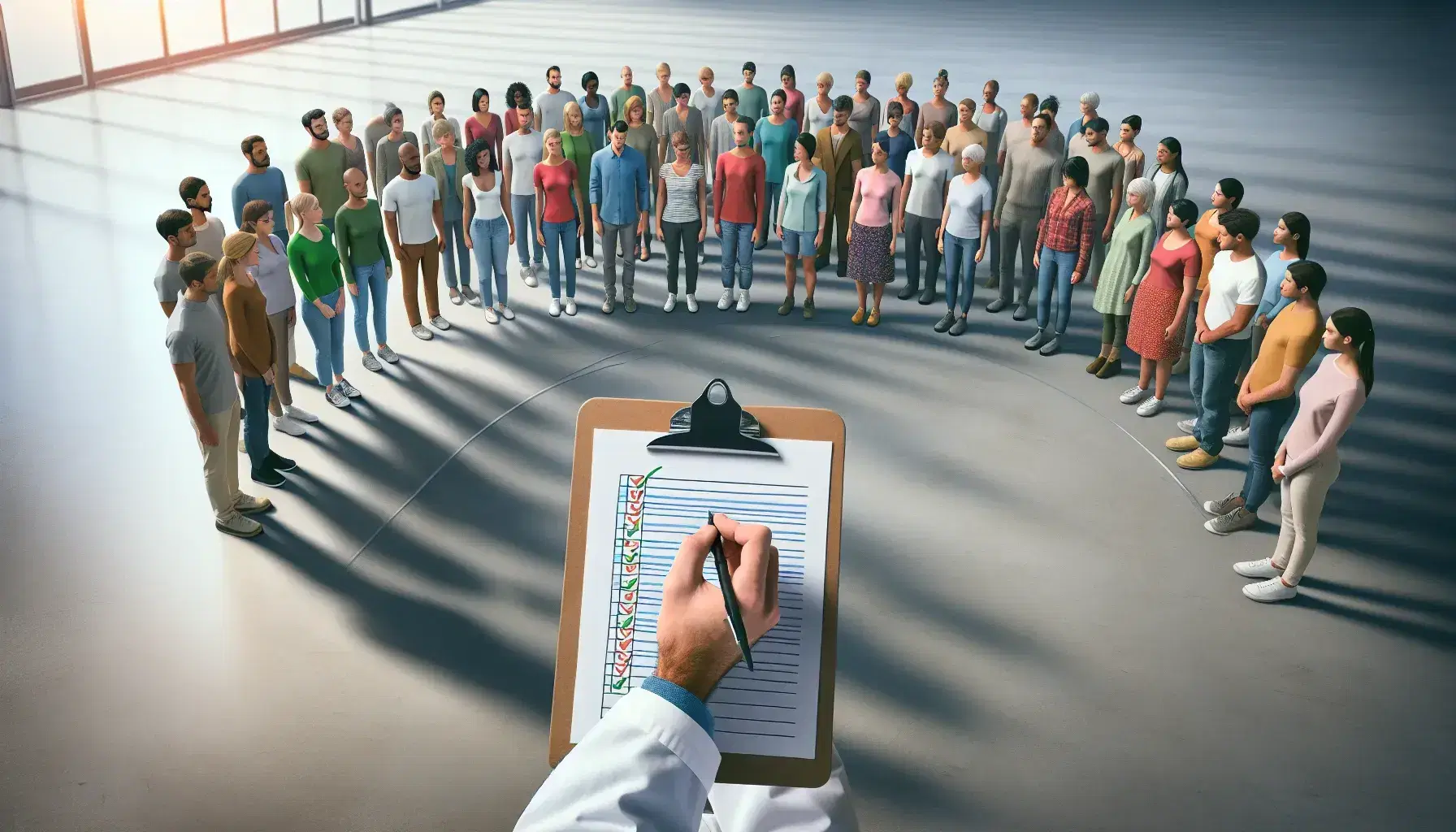Diverse group in semi-circle with researcher in lab coat holding clipboard, ready to collect data, in a neutral indoor setting.