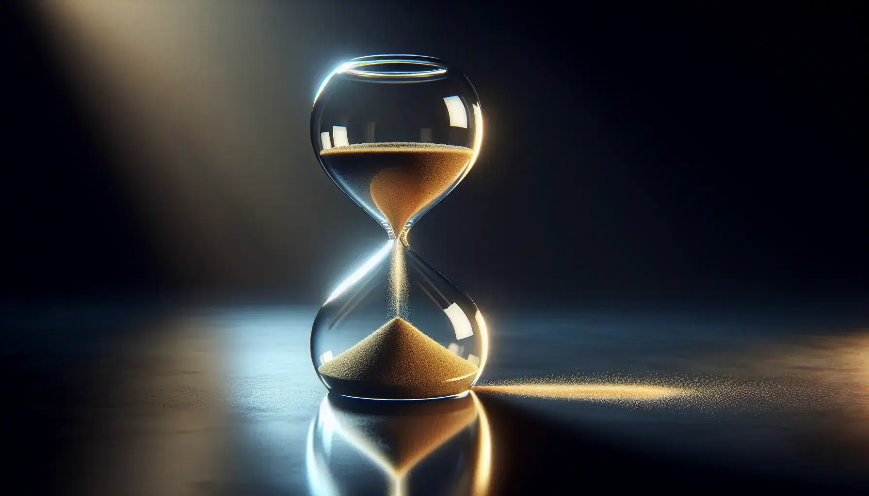 Reloj de arena de vidrio transparente con arena dorada fluyendo sobre superficie oscura y reflejante, iluminado sutilmente con fondo azul oscuro a negro.