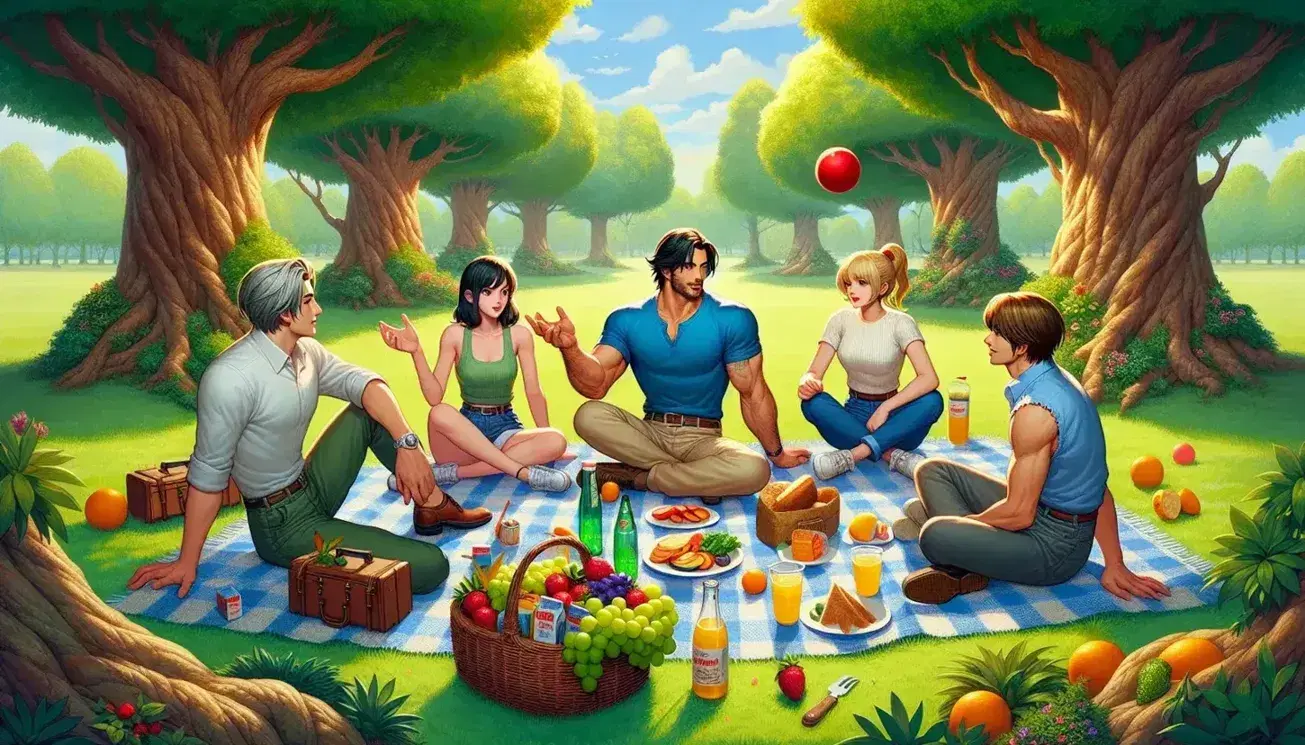 Grupo de cinco personas disfrutando de un picnic en un parque con manta a cuadros, cesta de comida y pelota roja, rodeados de árboles y con un lago al fondo.