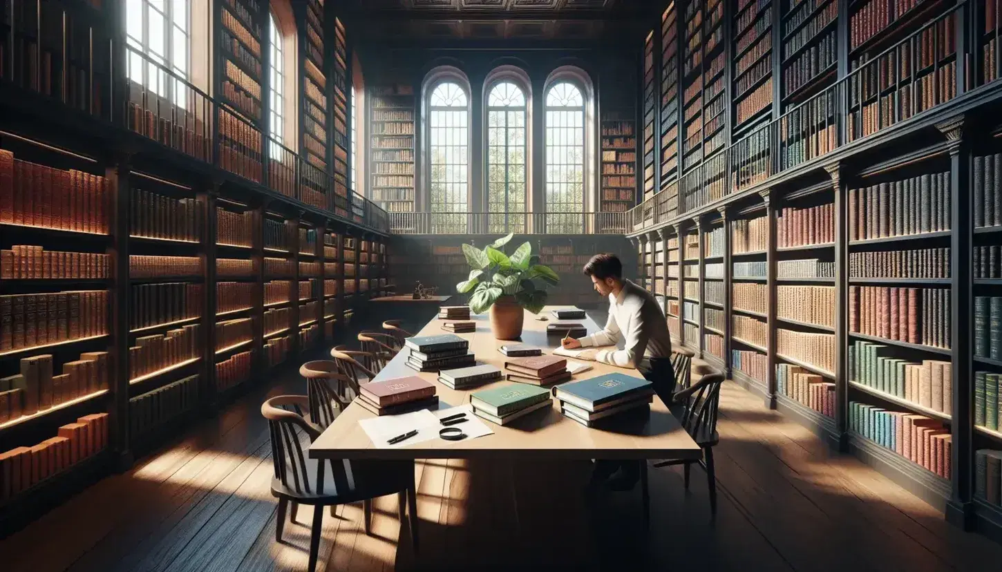 Biblioteca luminosa con estanterías de madera oscura llenas de libros, mesa central con libros y lupa, y persona escribiendo notas.