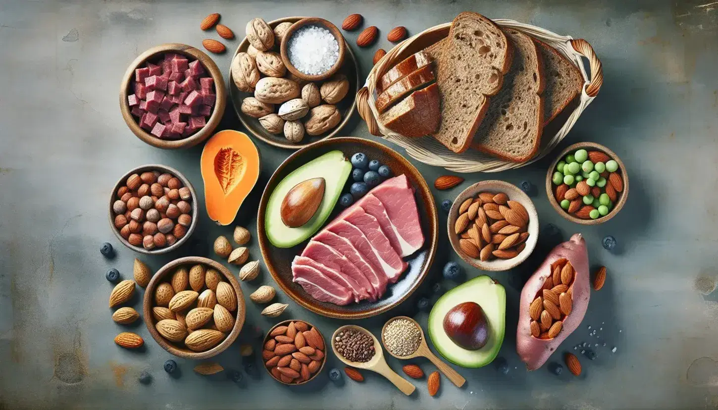 Tavola con alimenti equilibrati: carne magra, noci, pane integrale, patate dolci, avocado e mirtilli, in cucina luminosa.