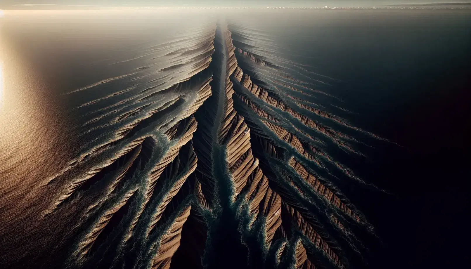 Vista aerea di una dorsale oceanica con creste parallele e valle centrale scura, acque blu profondo e cielo sereno.
