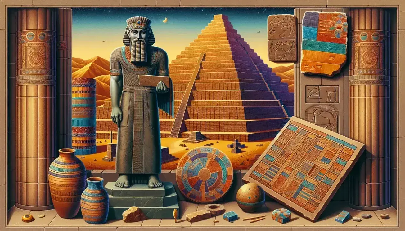 Ziggurat mesopotamico in mattoni ocra con gradini, statua di sovrano con barba intrecciata e bastone cerimoniale, reperti ceramici decorati e tavoletta cuneiforme su leggio, aquila in volo su sfondo tramonto.