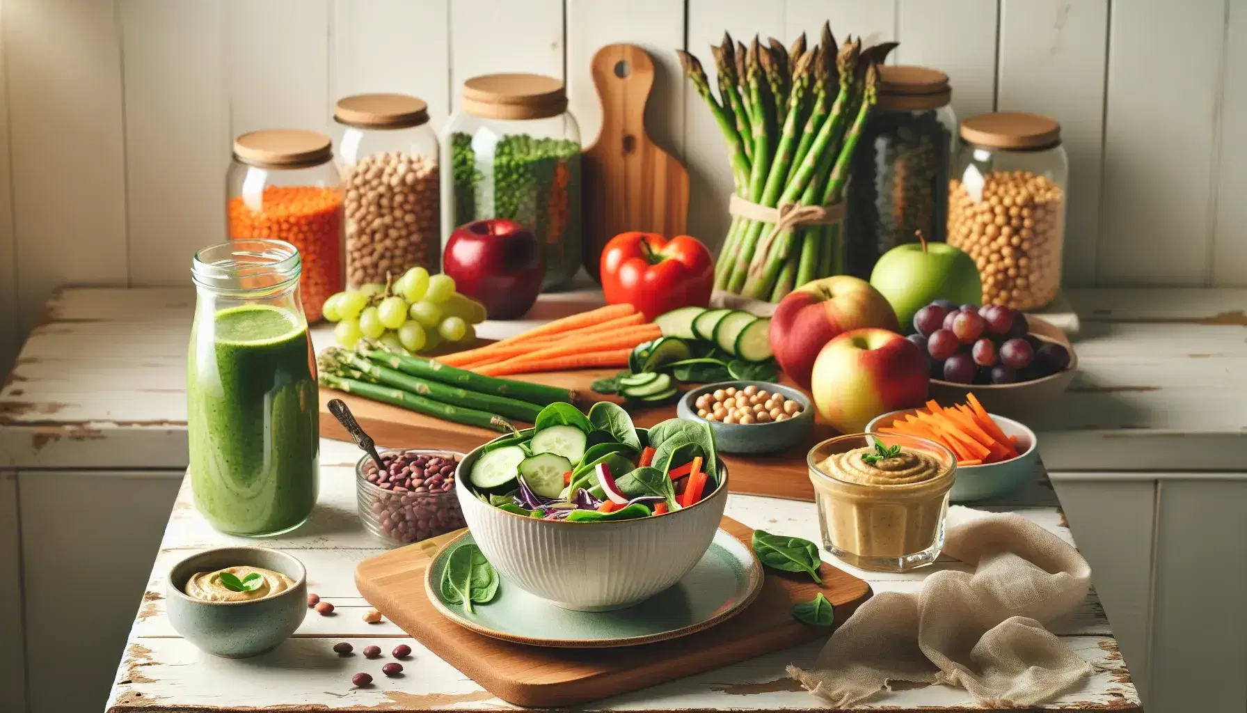 Mesa rústica con alimentos saludables, ensalada verde en bol, frutas en tabla de bambú, hummus con vegetales y vasos con batido y agua, al fondo tarros con legumbres.