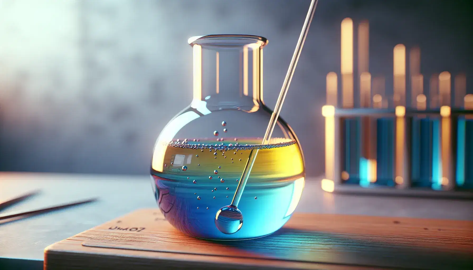 Glass flask on laboratory bench with chemical reaction, blue layer at the bottom and yellow at the top, bubbles and leaning glass rod.