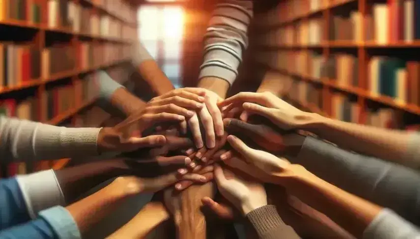 Mani di persone di diverse etnie unite in segno di collaborazione su sfondo sfocato di libreria.