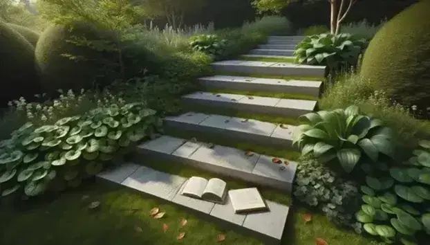 Gradini in pietra in giardino rigoglioso con libro aperto sulla cima, circondati da piante e fiori sotto un cielo sereno.