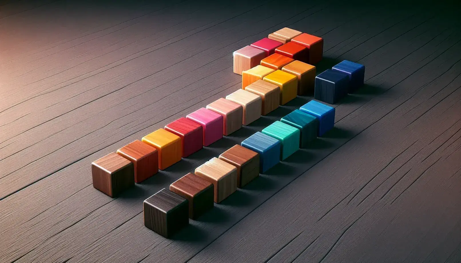 Colorful wooden blocks in ascending sequence on dark table, from a single red cube to five in pastel shades, without shadows, on neutral background.