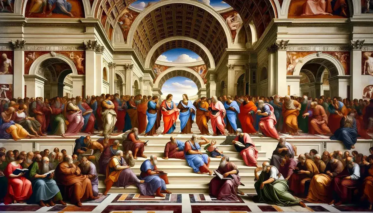 Raffigurazione dettagliata dell'affresco di Raffaello "Scuola di Atene" con filosofi in dialogo in un'aula classica.