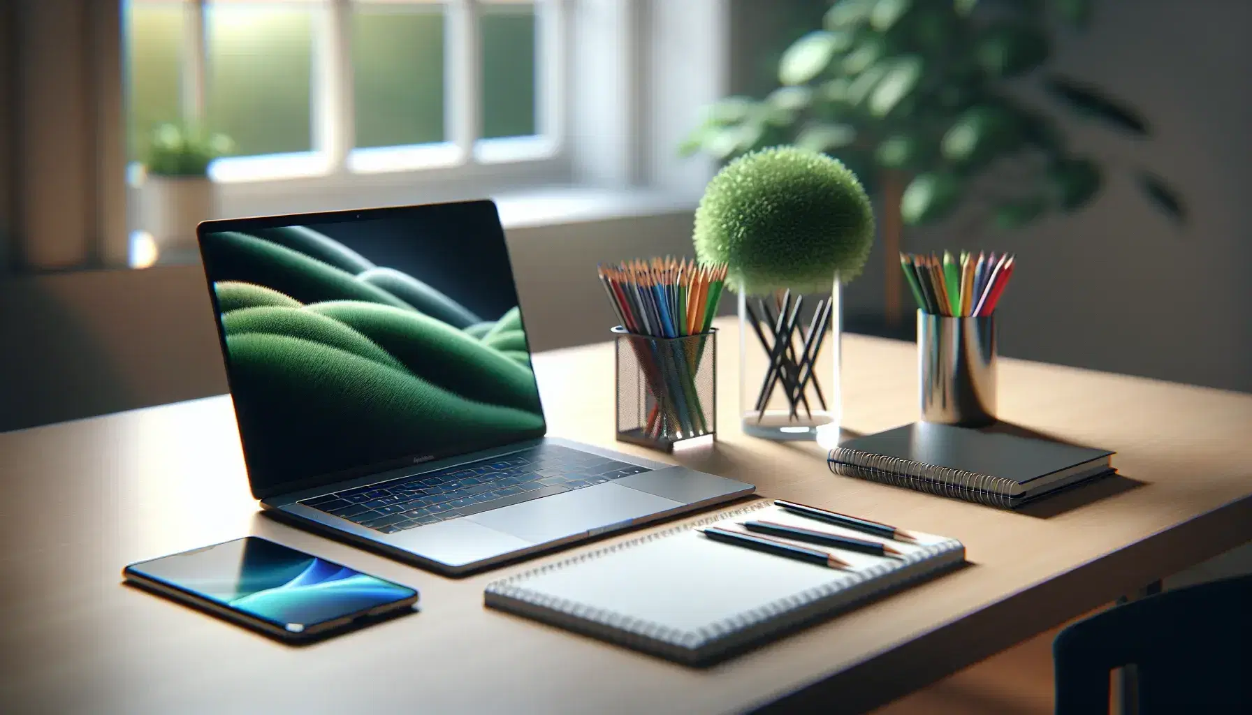 Tidy desk with modern laptop, green plant, glass with colorful pens, notepad and black smartphone on light wooden surface.