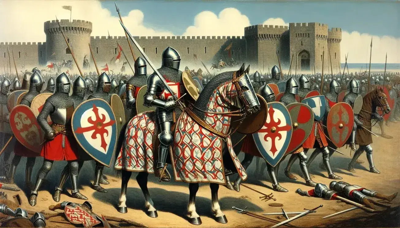 Escena medieval con soldados armados y un caballero montado con lanza en un campo de batalla, frente a un castillo de piedra bajo un cielo azul.