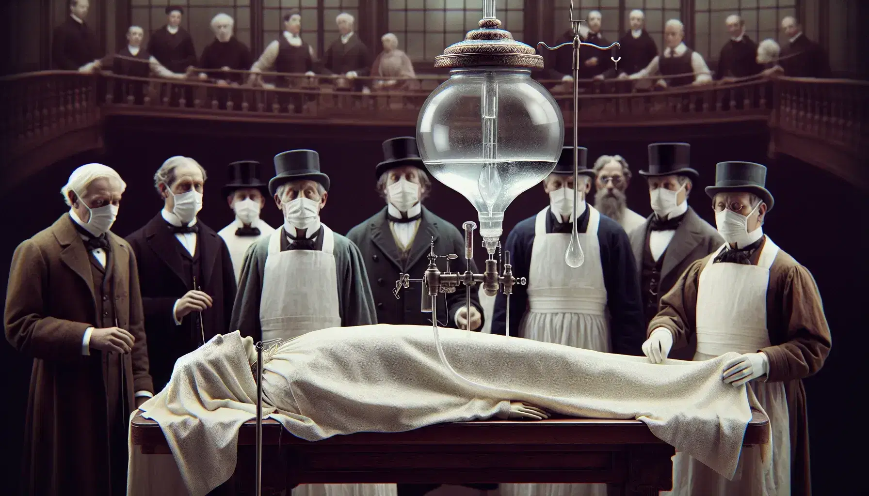 19th-century surgical reenactment with patient on table, anesthesiologist using ether dropper, surgeon ready with scalpel, and assistants with tools.