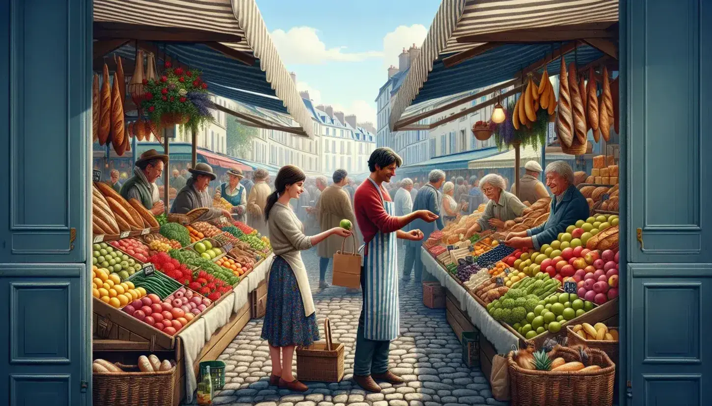 Vibrant French market scene with stalls of fruits, vegetables, bread, cheese, and flowers, shoppers exchanging goods and money under a clear sky.