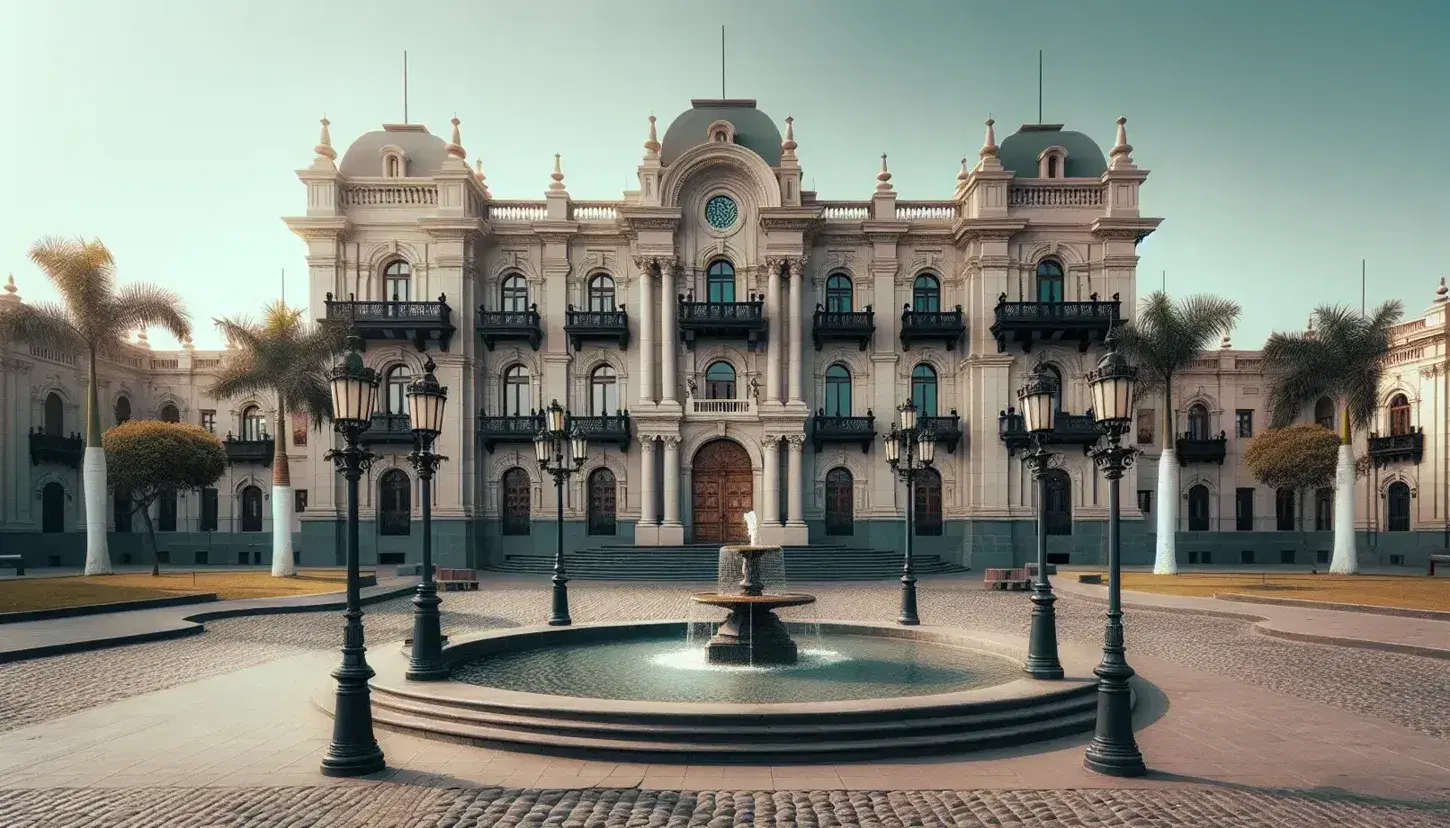 Fachada del Palacio de Gobierno de Perú con estilo colonial y neoclásico, puerta de madera, balcón y fuente circular en plaza adoquinada bajo cielo azul.